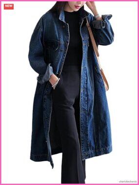 Women's Classic Long Denim Jacket Plus Size Button Down Trench Coat